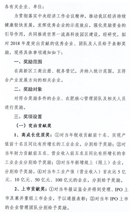 合肥高新區(qū)2019年企業(yè)表彰獎勵項目