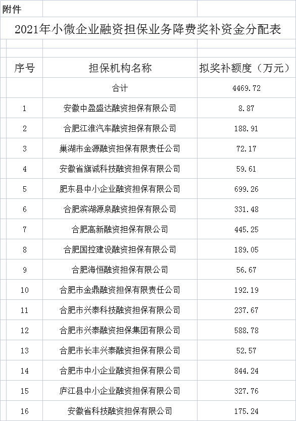 2021合肥市小微企業(yè)融資擔(dān)保業(yè)務(wù)降費(fèi)獎(jiǎng)補(bǔ)資金分配公示